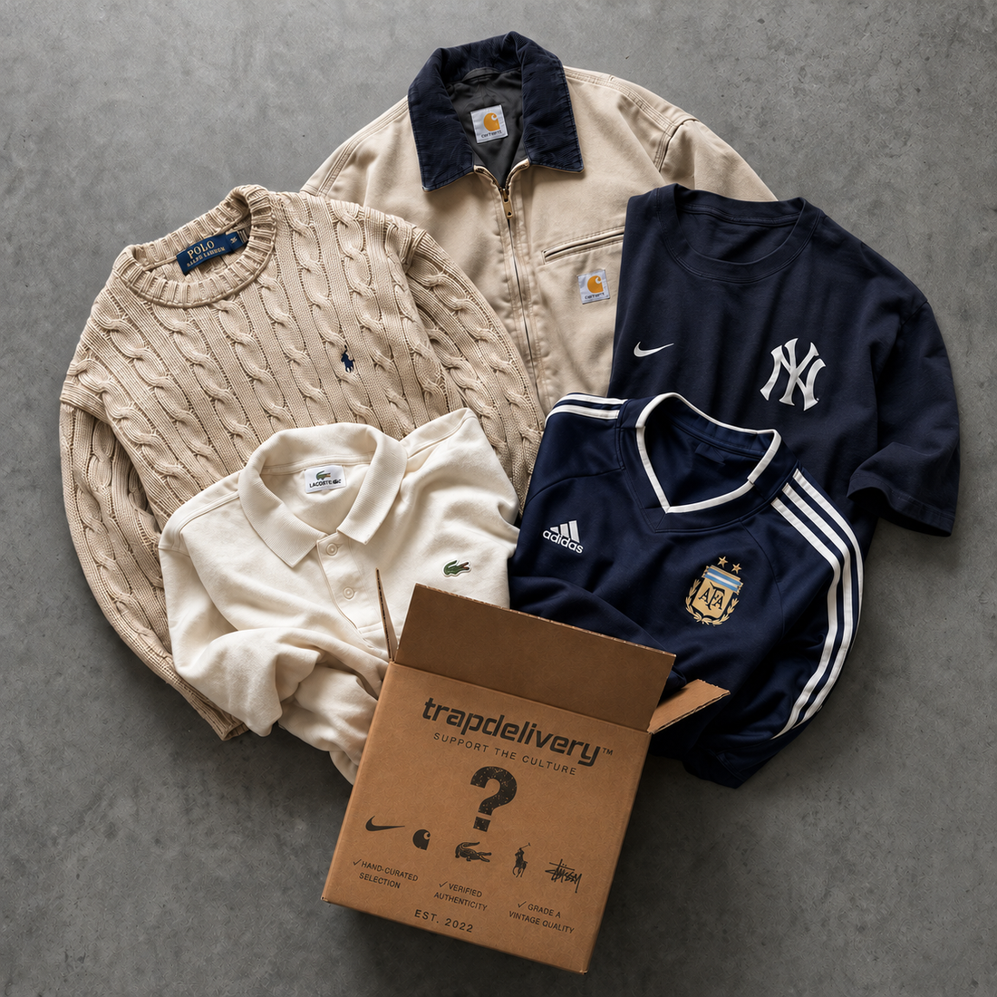 5 PIECES VINTAGE MYSTERY BOX Nike, Adidas, Lacoste, Polo, Stüssy, Carhartt, YSL.